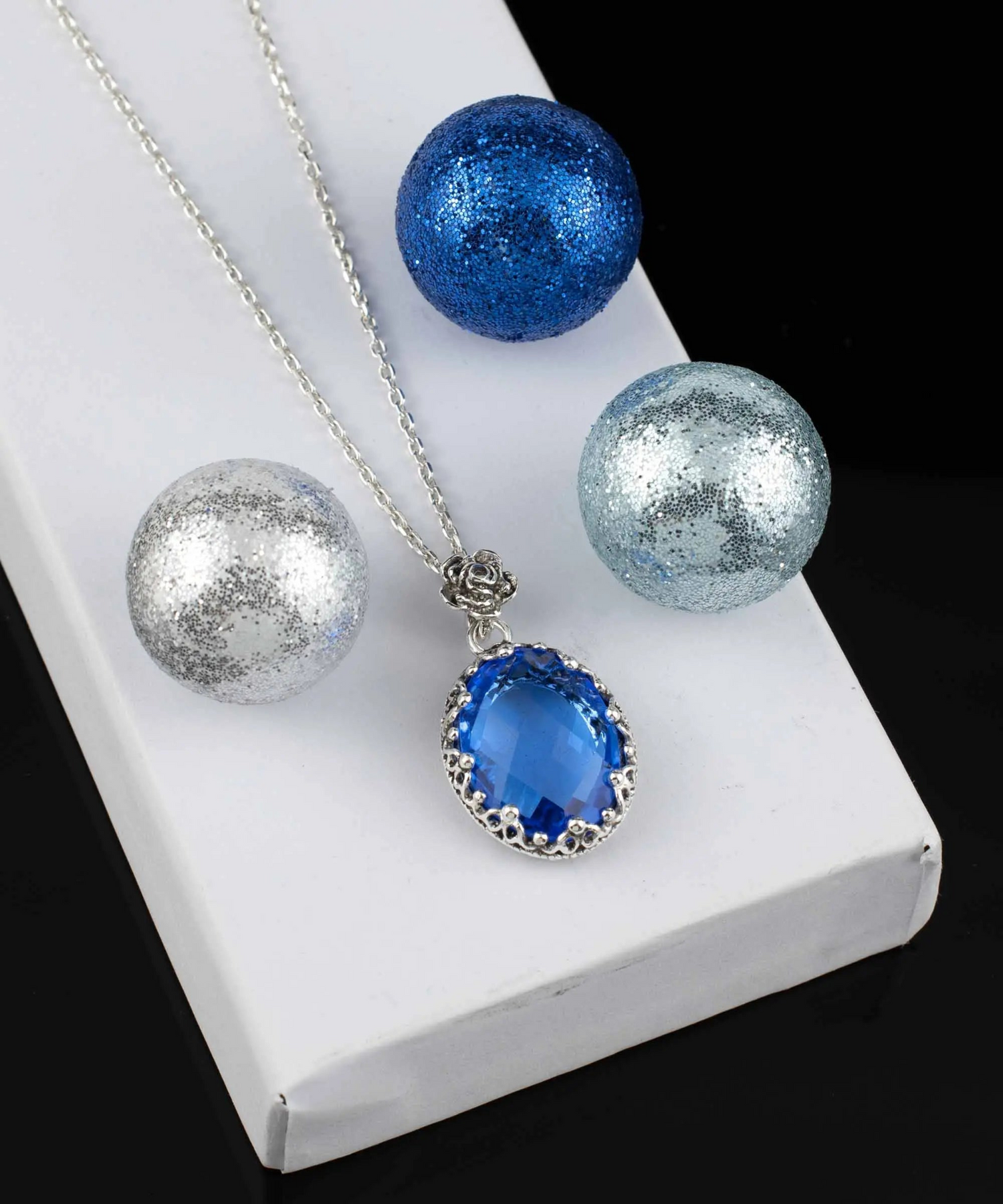 Silver filigree oval pendant necklace featuring a blue quartz gemstone for women, elegant jewelry piece by Start2Finish.