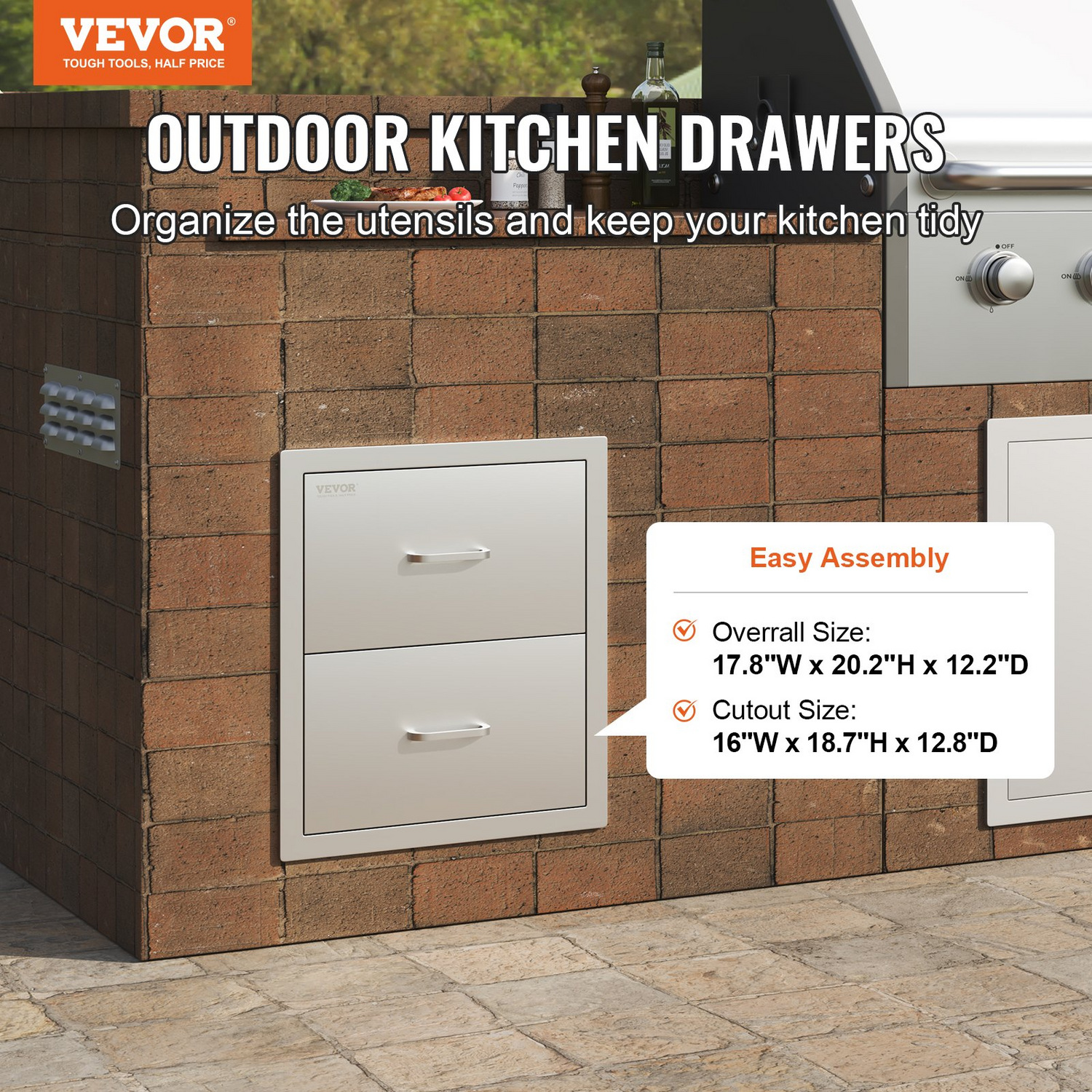 Start2Finish VEVOR outdoor kitchen stainless steel drawers, flush mount double BBQ drawers with handle for patio grill stations.