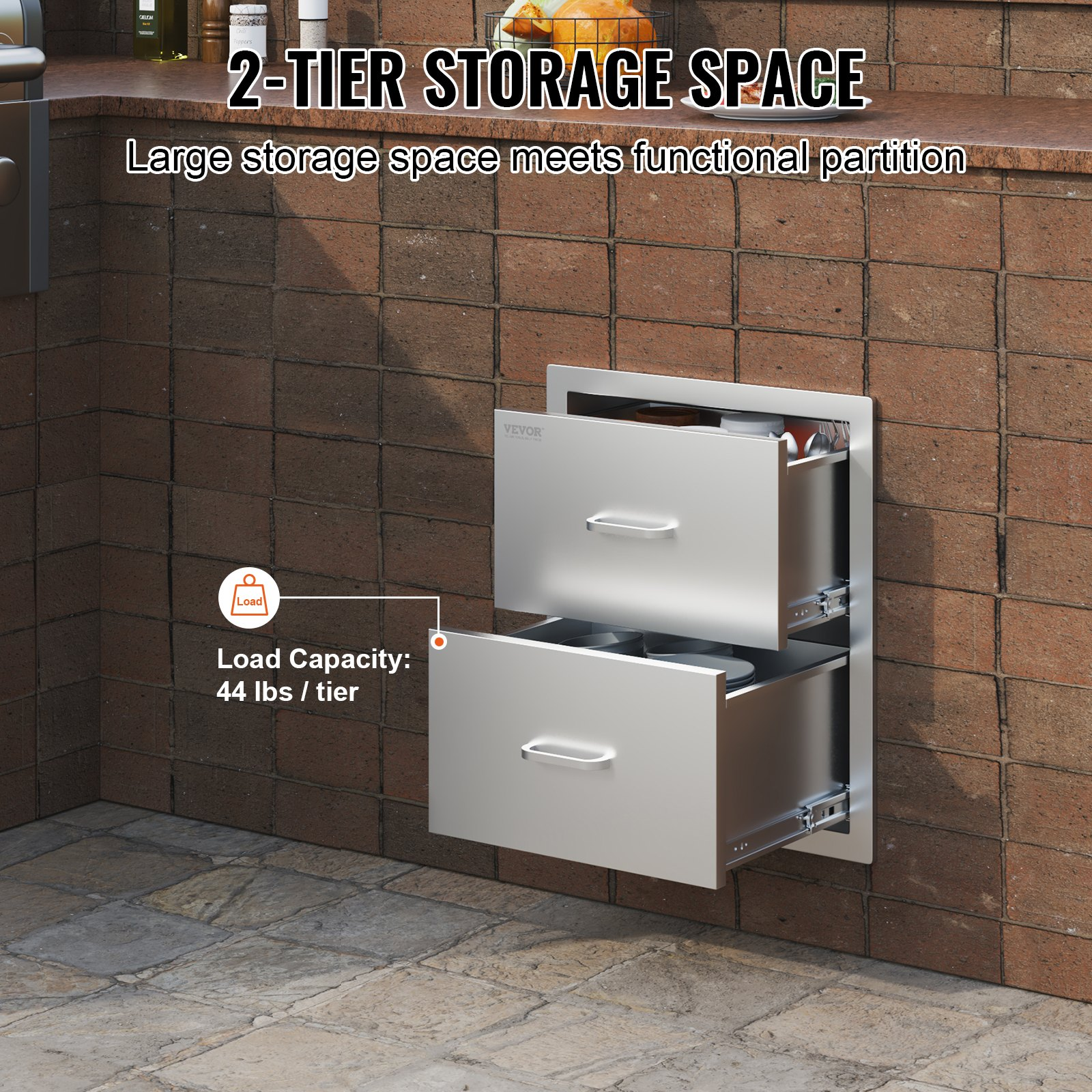 Start2Finish VEVOR outdoor kitchen double stainless steel drawers with handles, flush mount design for patio grill stations.