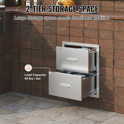 Start2Finish VEVOR outdoor kitchen double stainless steel drawers with handles, flush mount design for patio grill stations.