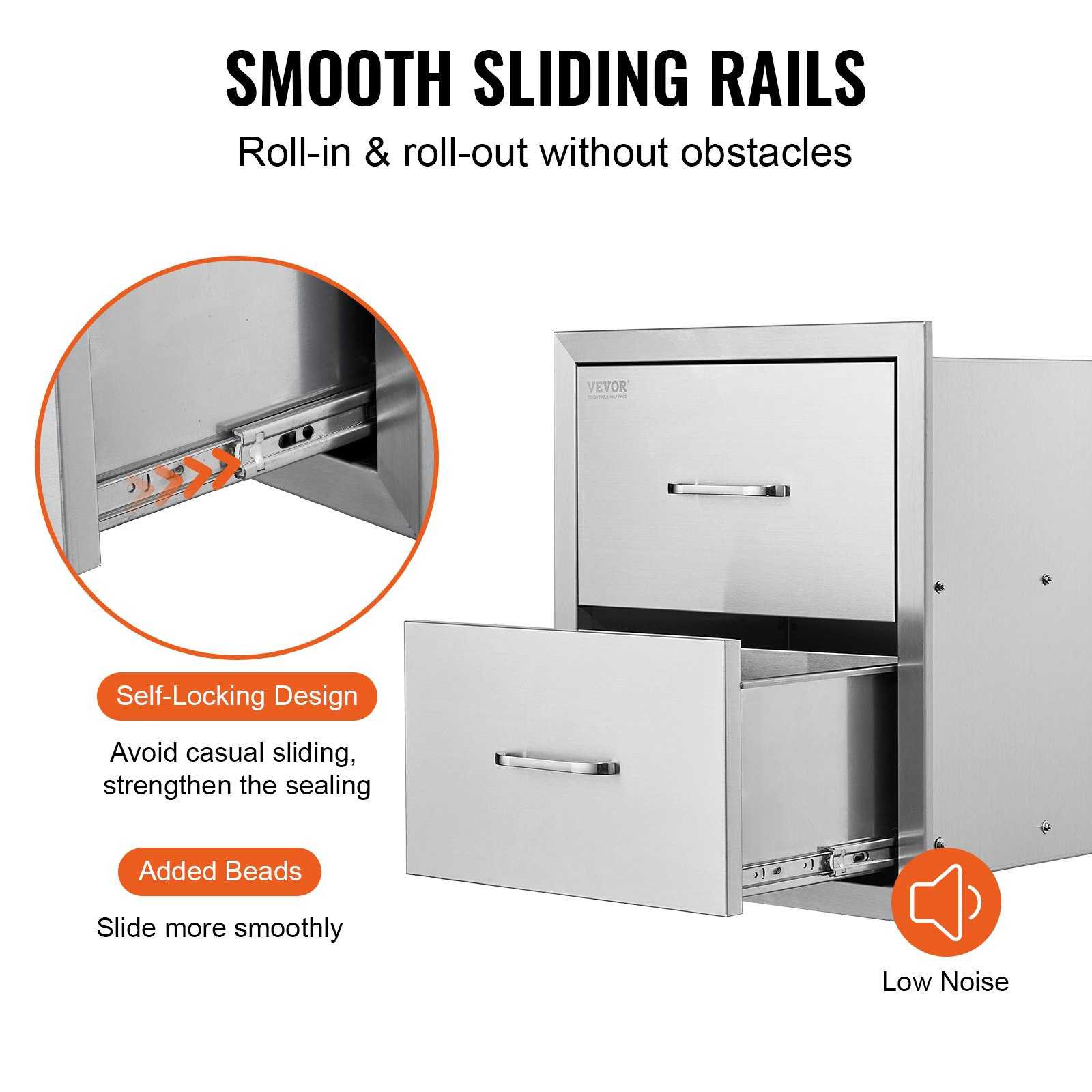 Start2Finish VEVOR outdoor kitchen stainless steel double BBQ drawers with handles, flush mount, for patio grill stations.