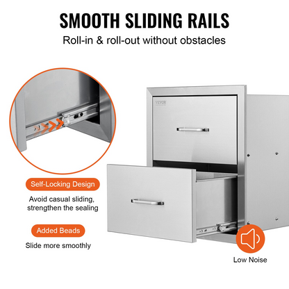 Start2Finish VEVOR outdoor kitchen stainless steel double BBQ drawers with handles, flush mount, for patio grill stations.