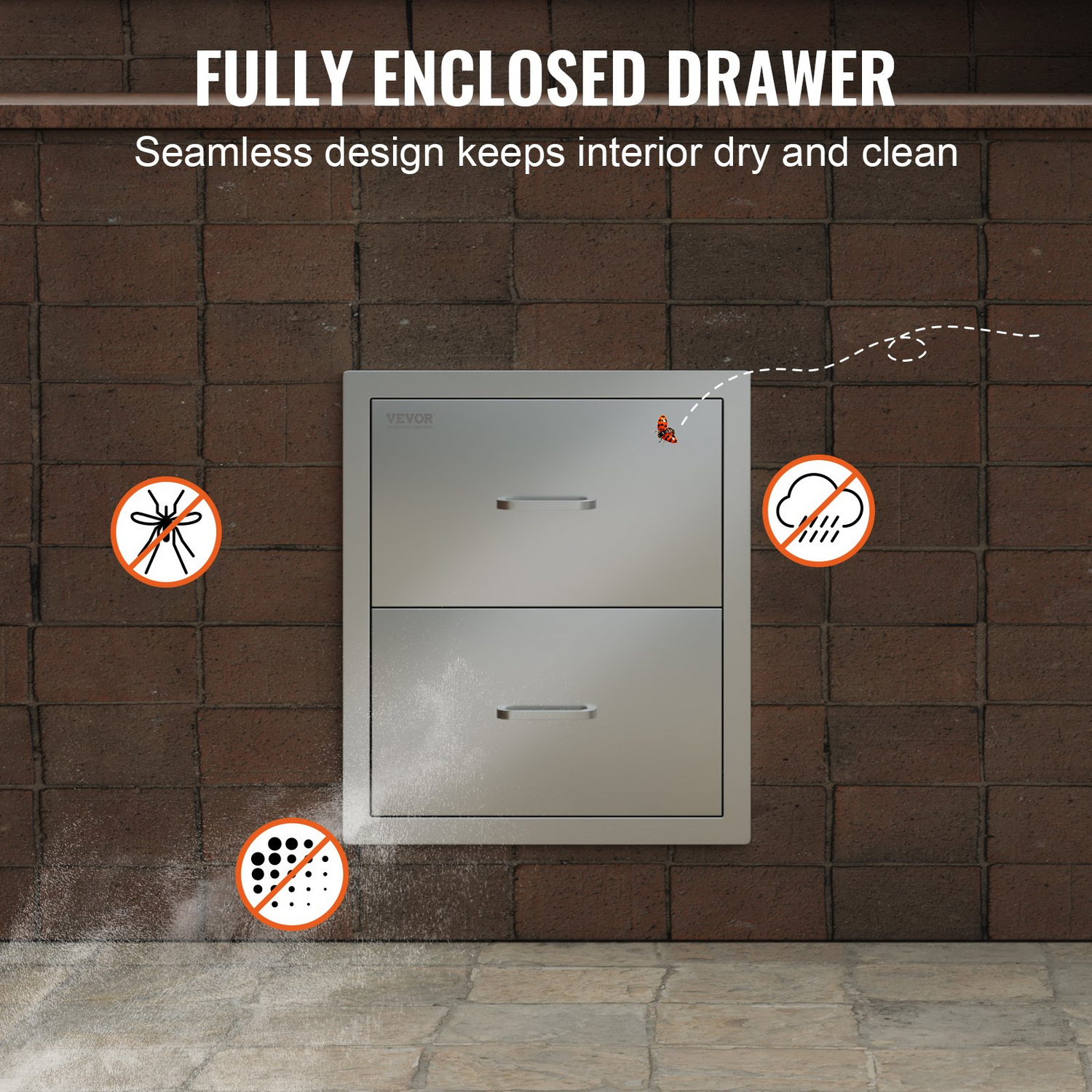 Start2Finish VEVOR outdoor kitchen stainless steel double BBQ drawers with handles, flush mount design for patio grill stations.