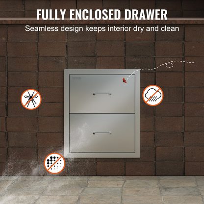 Start2Finish VEVOR outdoor kitchen stainless steel double BBQ drawers with handles, flush mount design for patio grill stations.