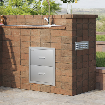 Start2Finish VEVOR outdoor kitchen stainless steel double BBQ drawers with handles, flush mount design for patio grill stations.
