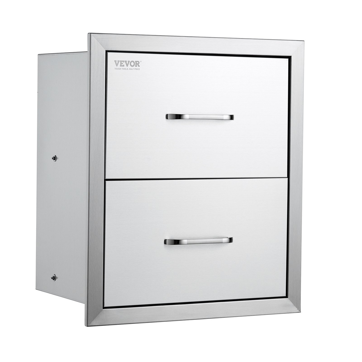 Start2Finish VEVOR outdoor kitchen double BBQ drawers in stainless steel with handles, flush mount for patio grill stations.