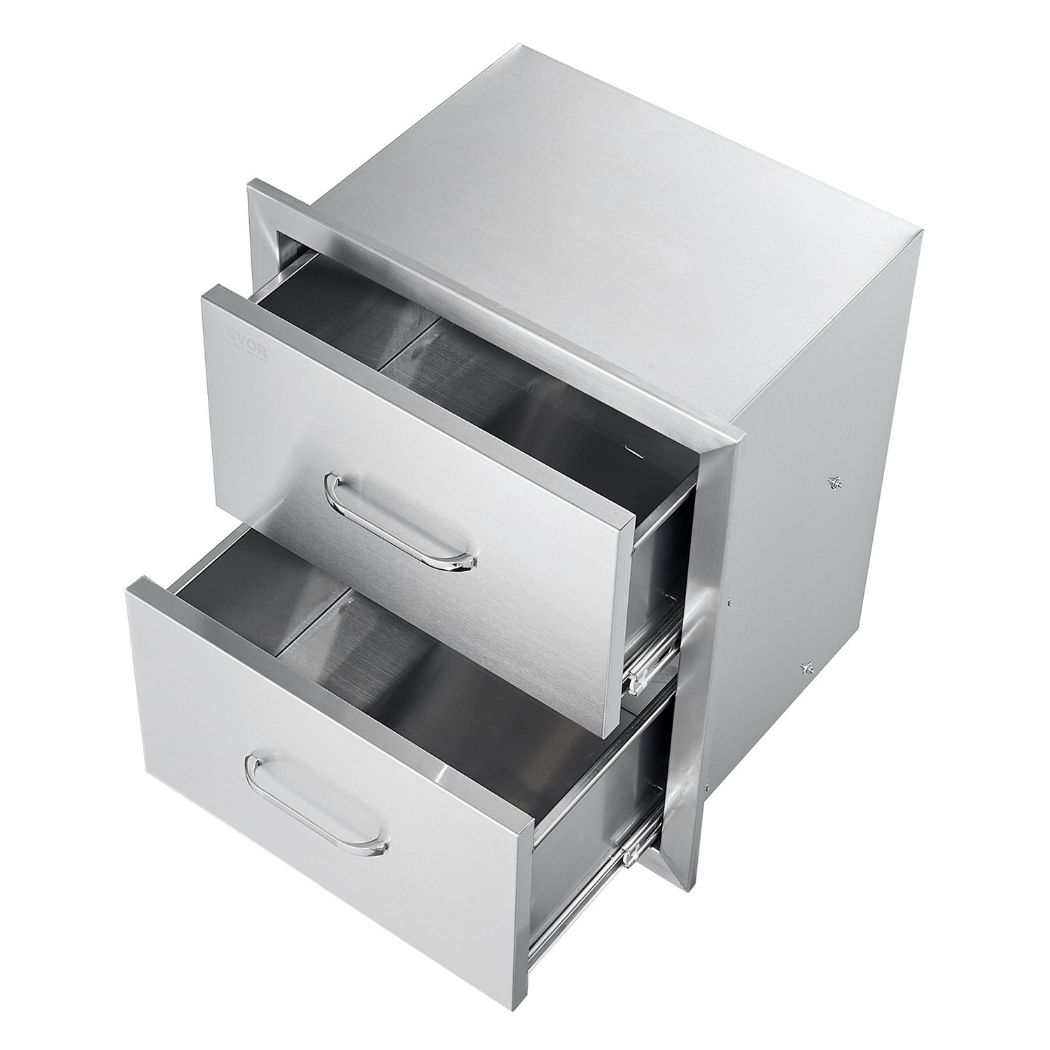 Start2Finish VEVOR outdoor kitchen double stainless steel BBQ drawers with handles, flush mount design for patio grill stations.