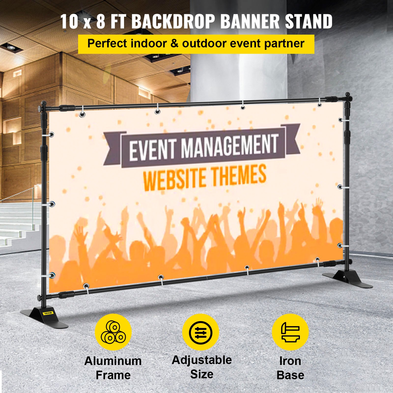 Start2Finish VEVOR 10x8 ft adjustable backdrop banner stand for trade shows and photo booths with step and repeat design.