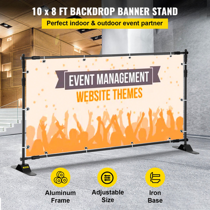 Start2Finish VEVOR 10x8 ft adjustable backdrop banner stand for trade shows and photo booths with step and repeat design.