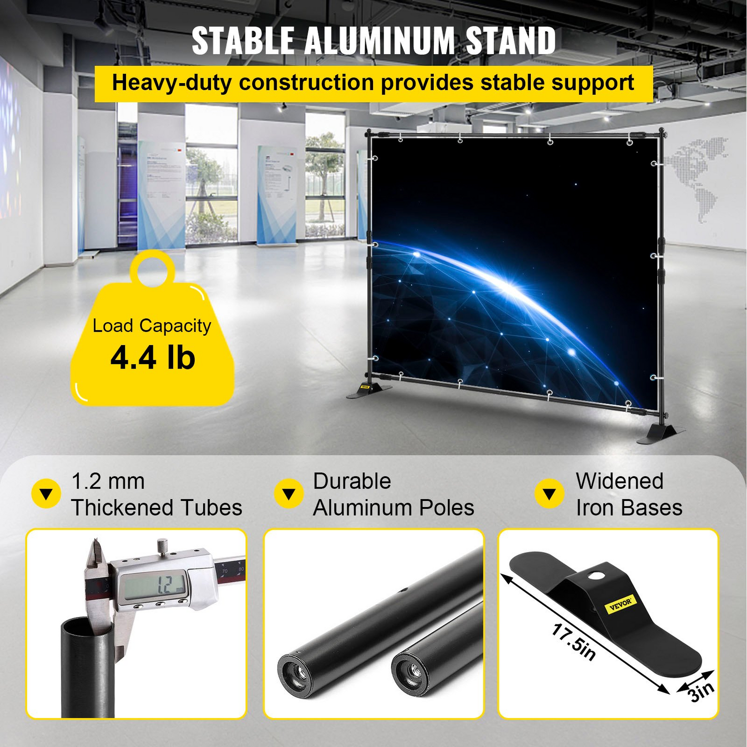Start2Finish VEVOR 10x8 ft backdrop banner stand with adjustable height and width for trade shows, photo booths, and event displays.