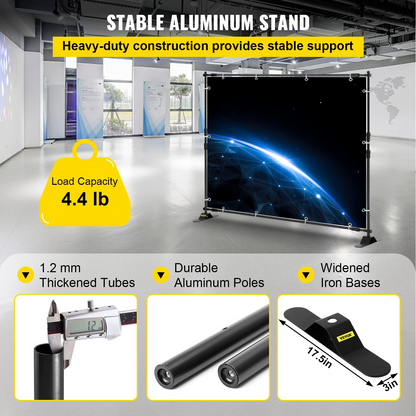Start2Finish VEVOR 10x8 ft backdrop banner stand with adjustable height and width for trade shows, photo booths, and event displays.