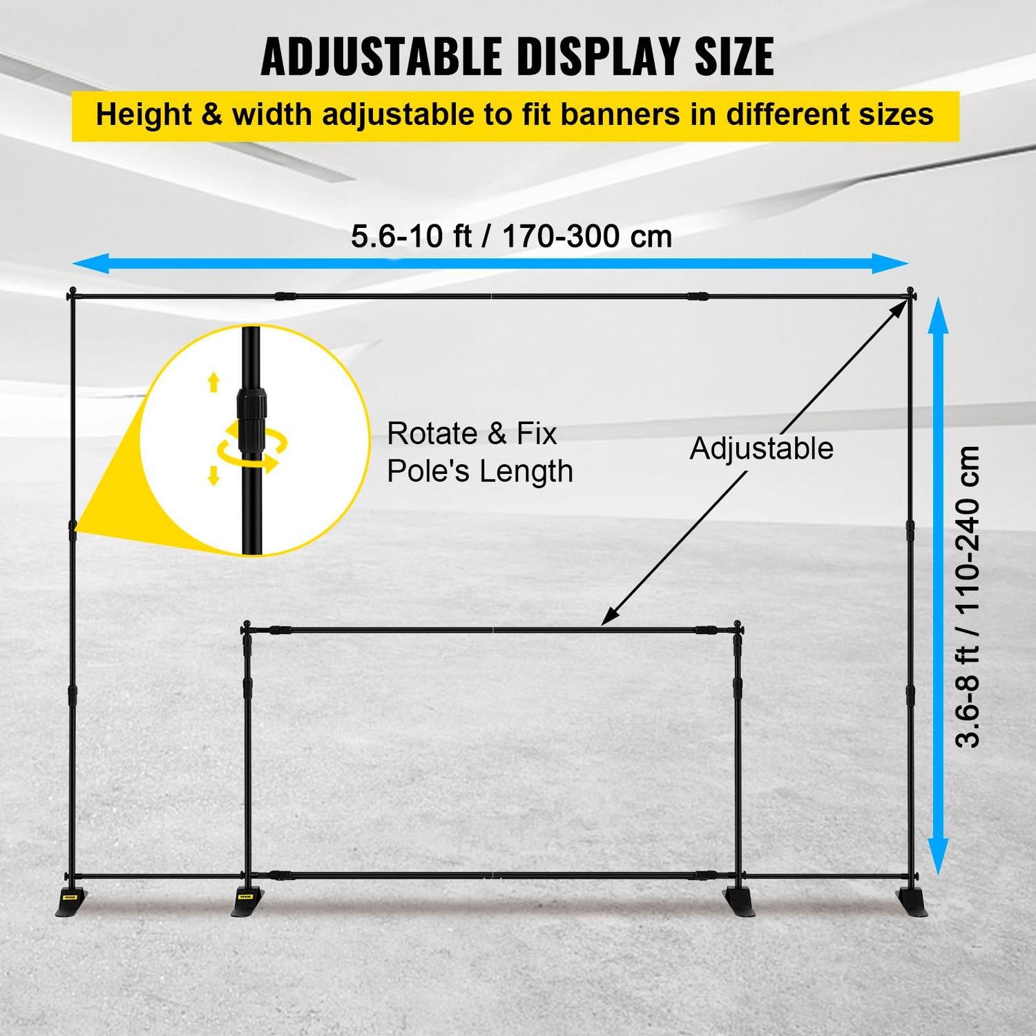 Start2Finish VEVOR 10x8 ft adjustable backdrop banner stand for trade shows and photo booths, featuring a step-and-repeat design.