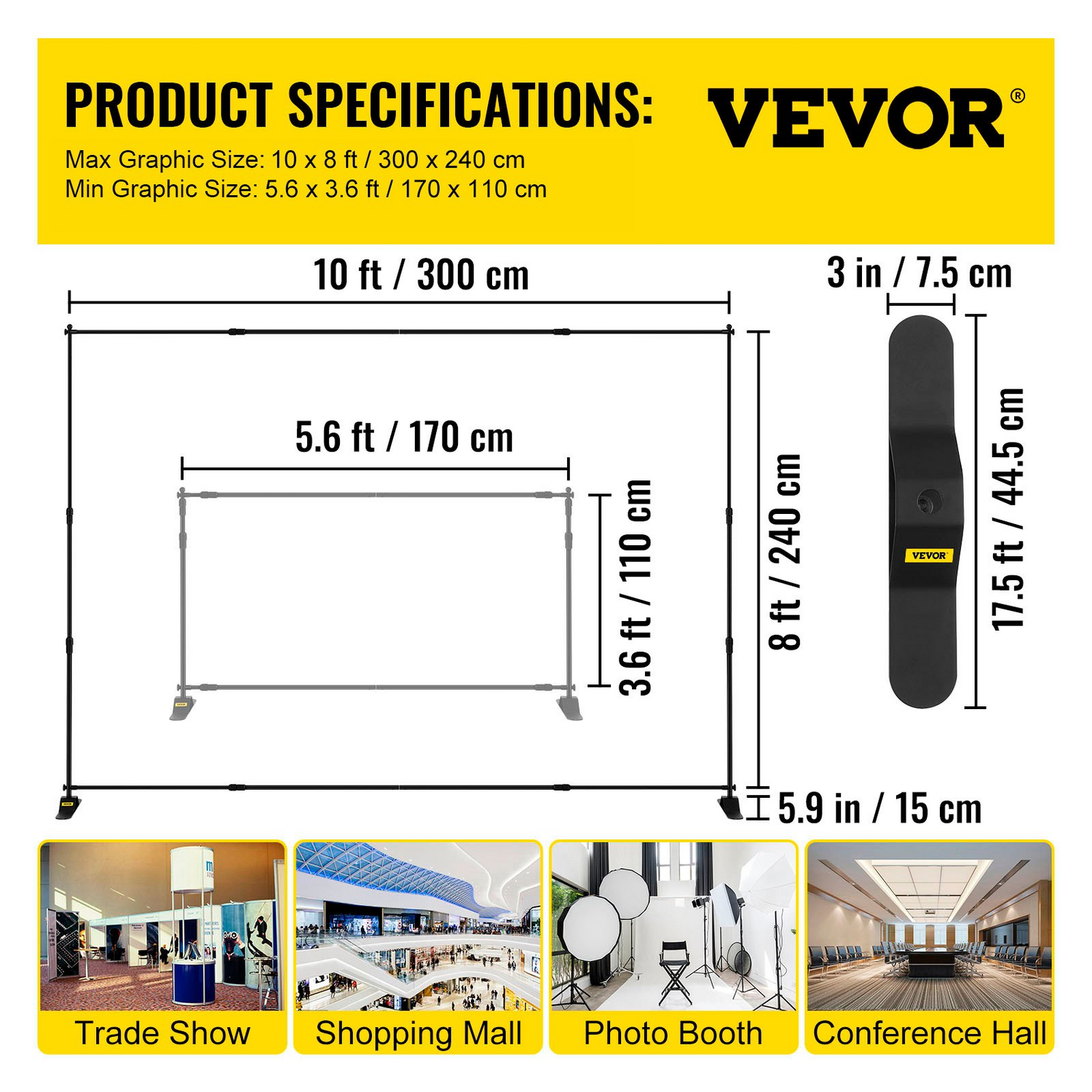 Start2Finish VEVOR 10x8 ft backdrop banner stand with adjustable height and width, used as trade show wall or photo booth background.