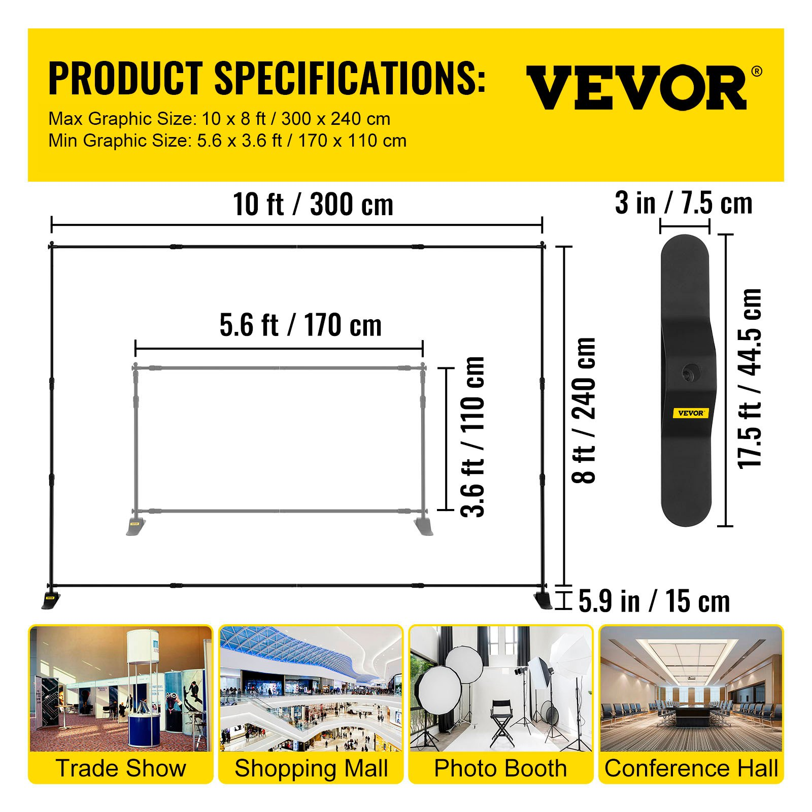 Start2Finish VEVOR 10x8 ft backdrop banner stand with adjustable height and width, used as trade show wall or photo booth background.