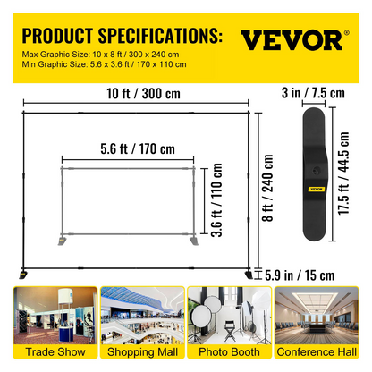 Start2Finish VEVOR 10x8 ft backdrop banner stand with adjustable height and width, used as trade show wall or photo booth background.