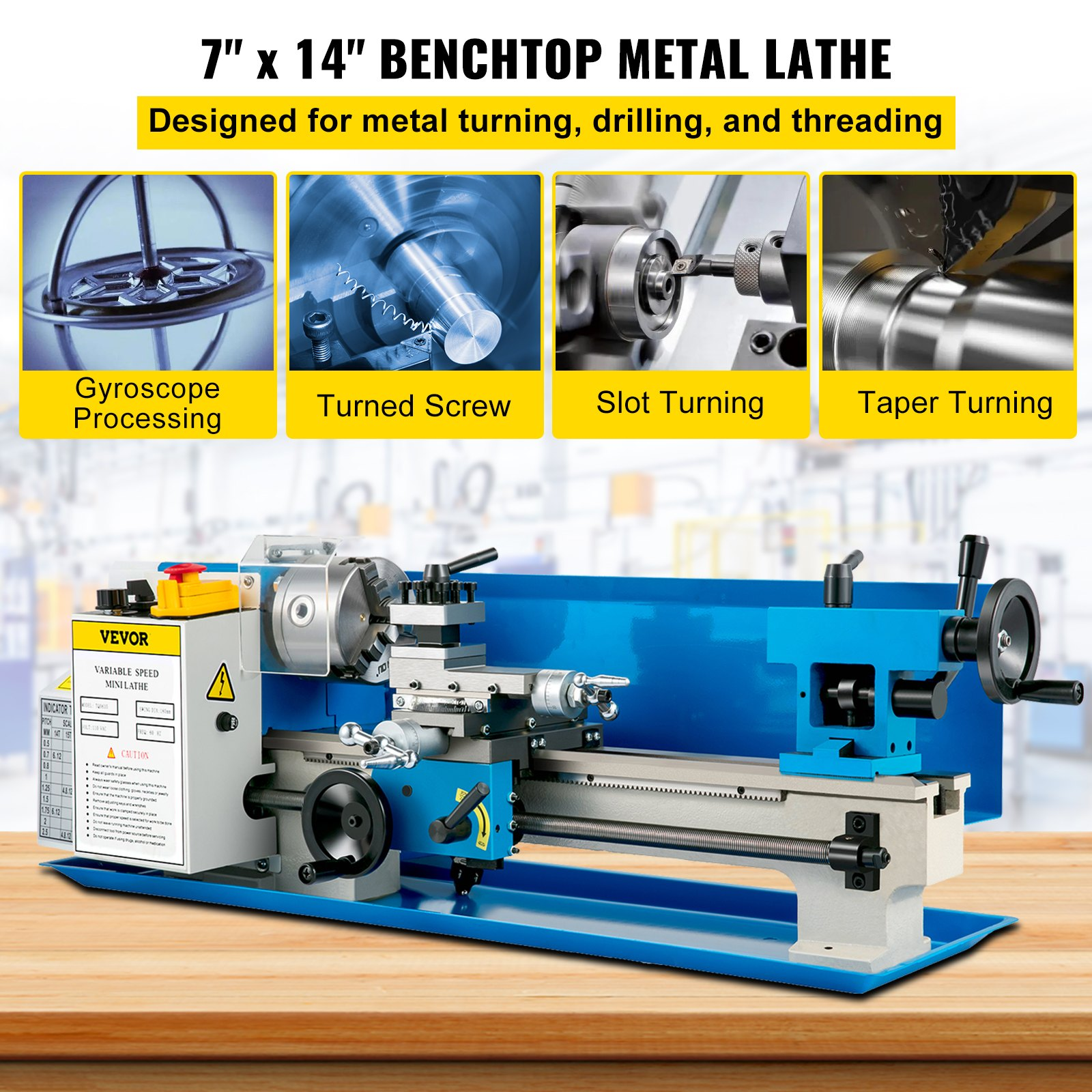 Vevor compact metal lathe with 7" x 14" size, adjustable speed, 3-jaw chuck, ideal for metalworking and benchtop turning projects.