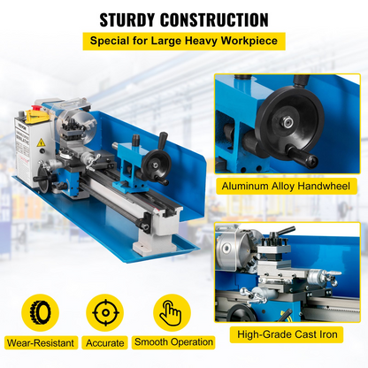 Start2Finish VEVOR 7"x14" metal lathe with adjustable speed, 3-jaw chuck, benchtop design for precise metalworking projects.