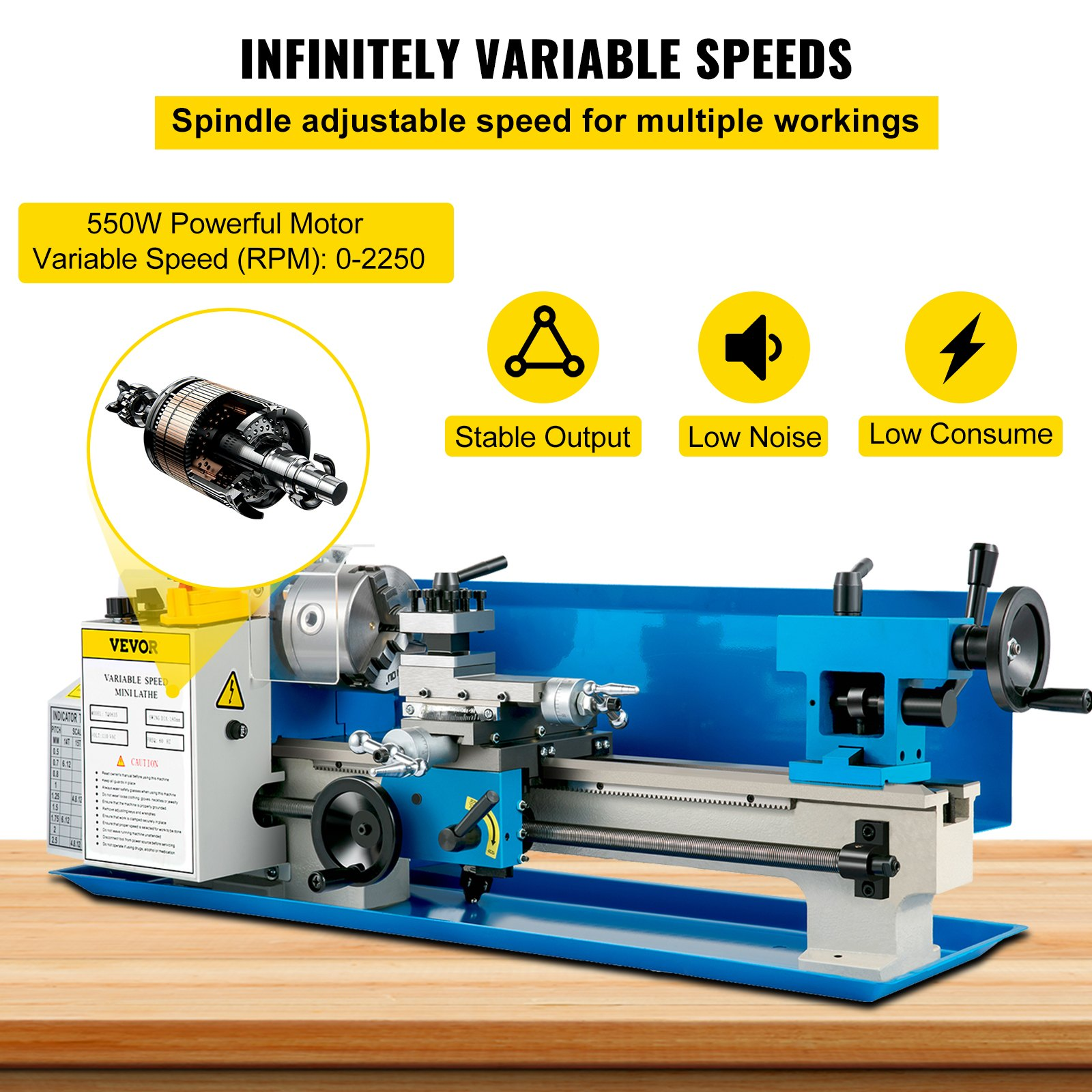 Start2Finish VEVOR 7" x 14" metal lathe with adjustable speed, 3-jaw chuck, ideal for metalworking and benchtop turning projects.
