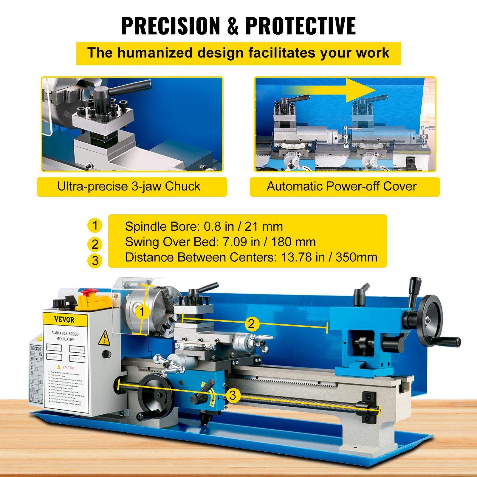 Start2Finish VEVOR Compact Metal Lathe 7" x 14" with adjustable speed and 4" 3-jaw chuck, ideal for metalworking projects.