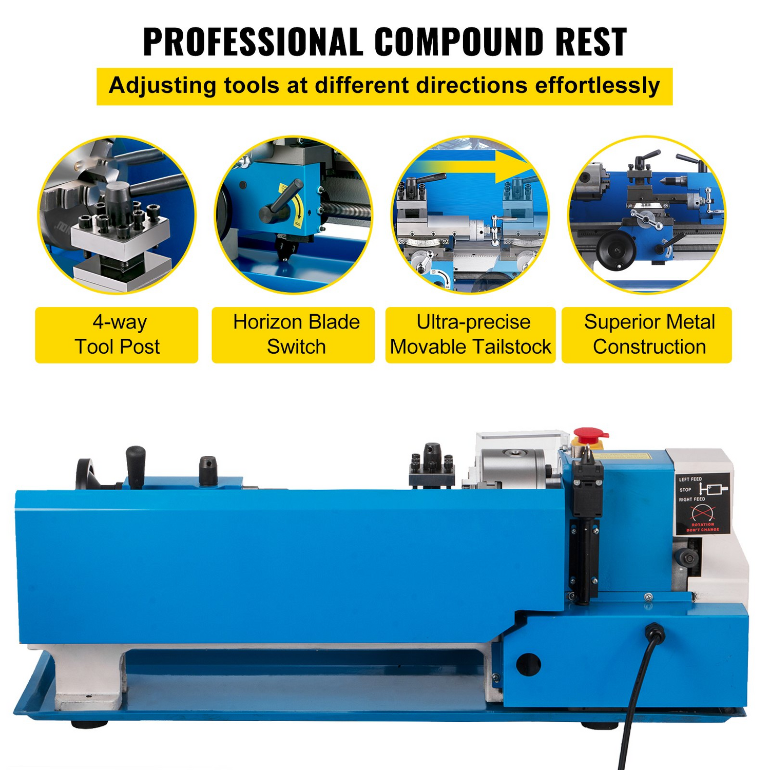 Vevor compact metal lathe with 7" x 14" bed, adjustable speed, 3-jaw chuck, ideal for metalworking and benchtop projects