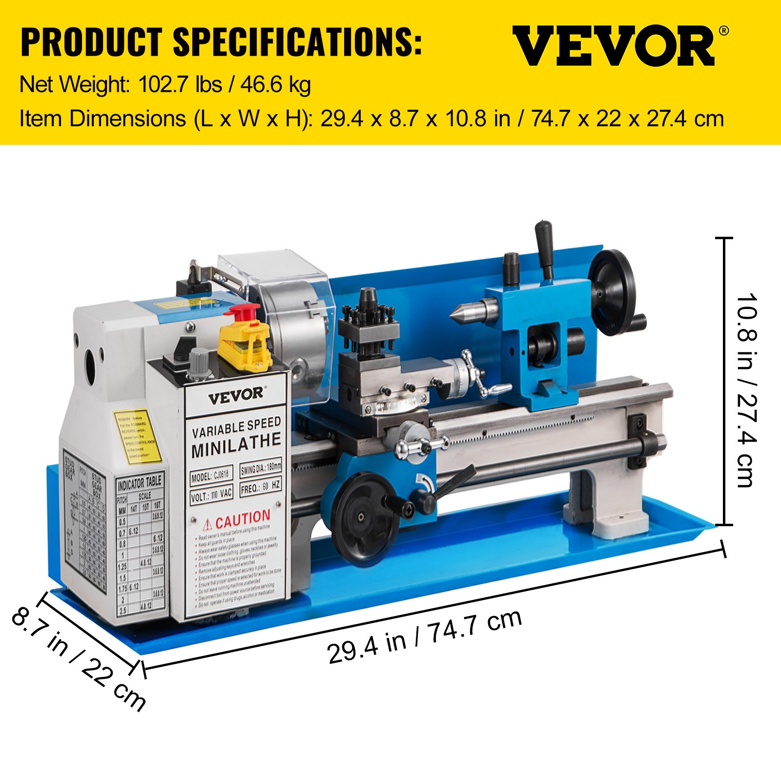 Start2Finish VEVOR 7" x 14" metal lathe with adjustable speed, 4-inch 3-jaw chuck, ideal for metalworking and turning projects.