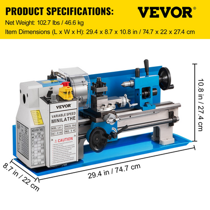 Start2Finish VEVOR 7" x 14" metal lathe with adjustable speed, 4-inch 3-jaw chuck, ideal for metalworking and turning projects.