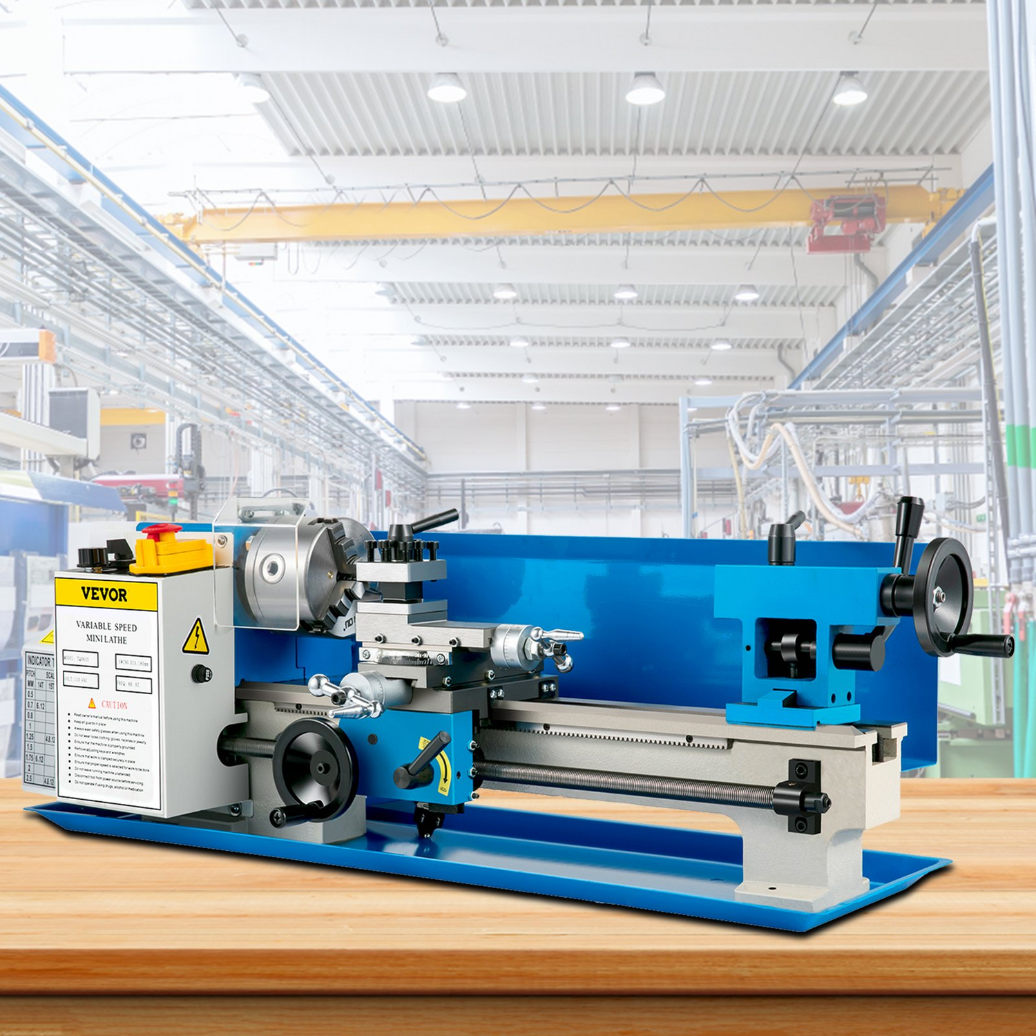 Start2Finish VEVOR 7" x 14" metal lathe with adjustable speed, 3-jaw chuck, benchtop design for metalworking projects.