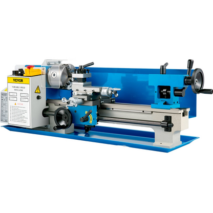 Start2Finish VEVOR 7" x 14" metal lathe with adjustable speed, 4" 3-jaw chuck, ideal for metalworking and benchtop projects.