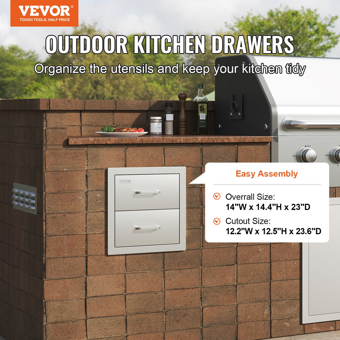 Start2Finish VEVOR outdoor kitchen stainless steel double drawers with handles, flush mount design for BBQ islands or outdoor kitchens.