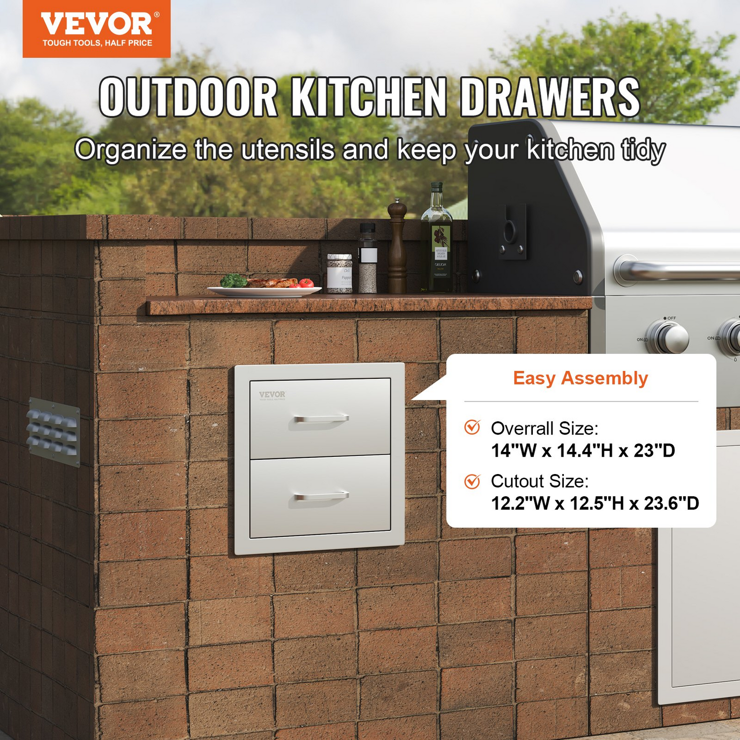 Start2Finish VEVOR outdoor kitchen stainless steel double drawers with handles, flush mount design for BBQ islands or outdoor kitchens.
