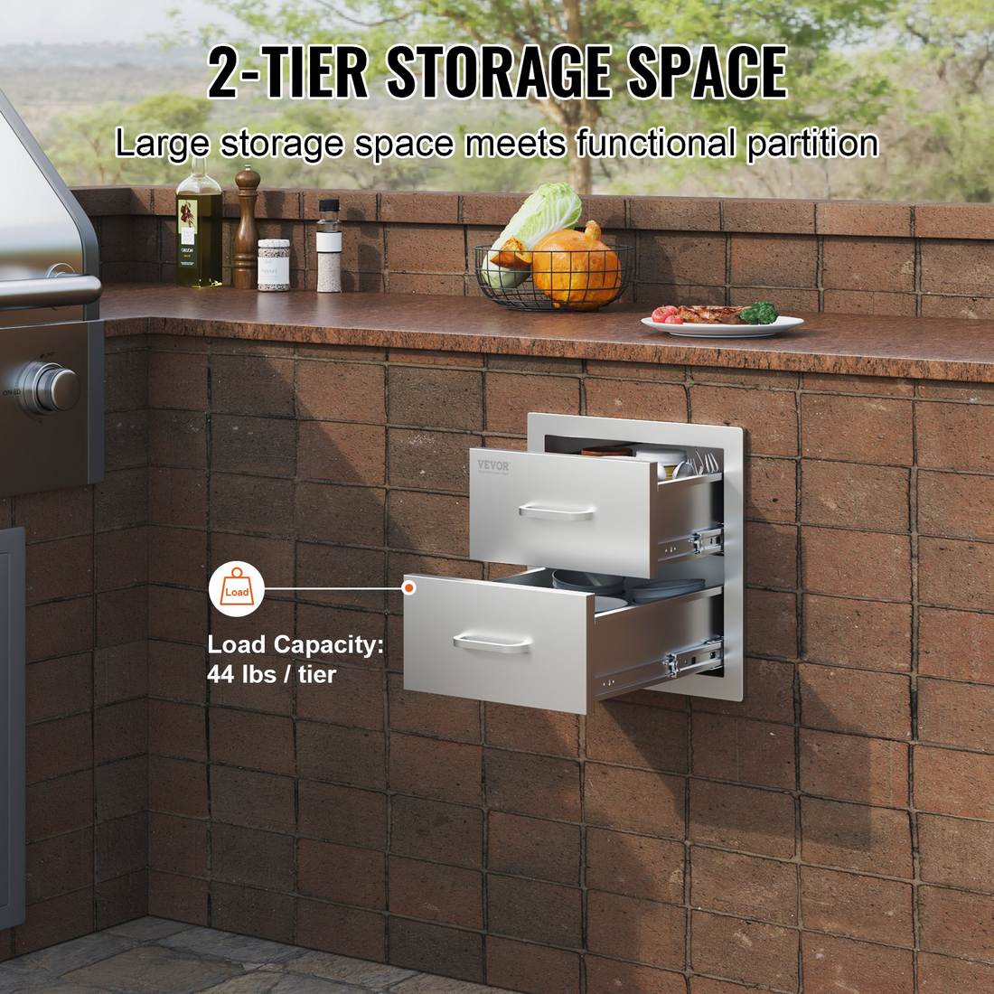 Start2Finish VEVOR outdoor kitchen stainless steel double drawers with handles, flush mount for BBQ islands and grill stations.