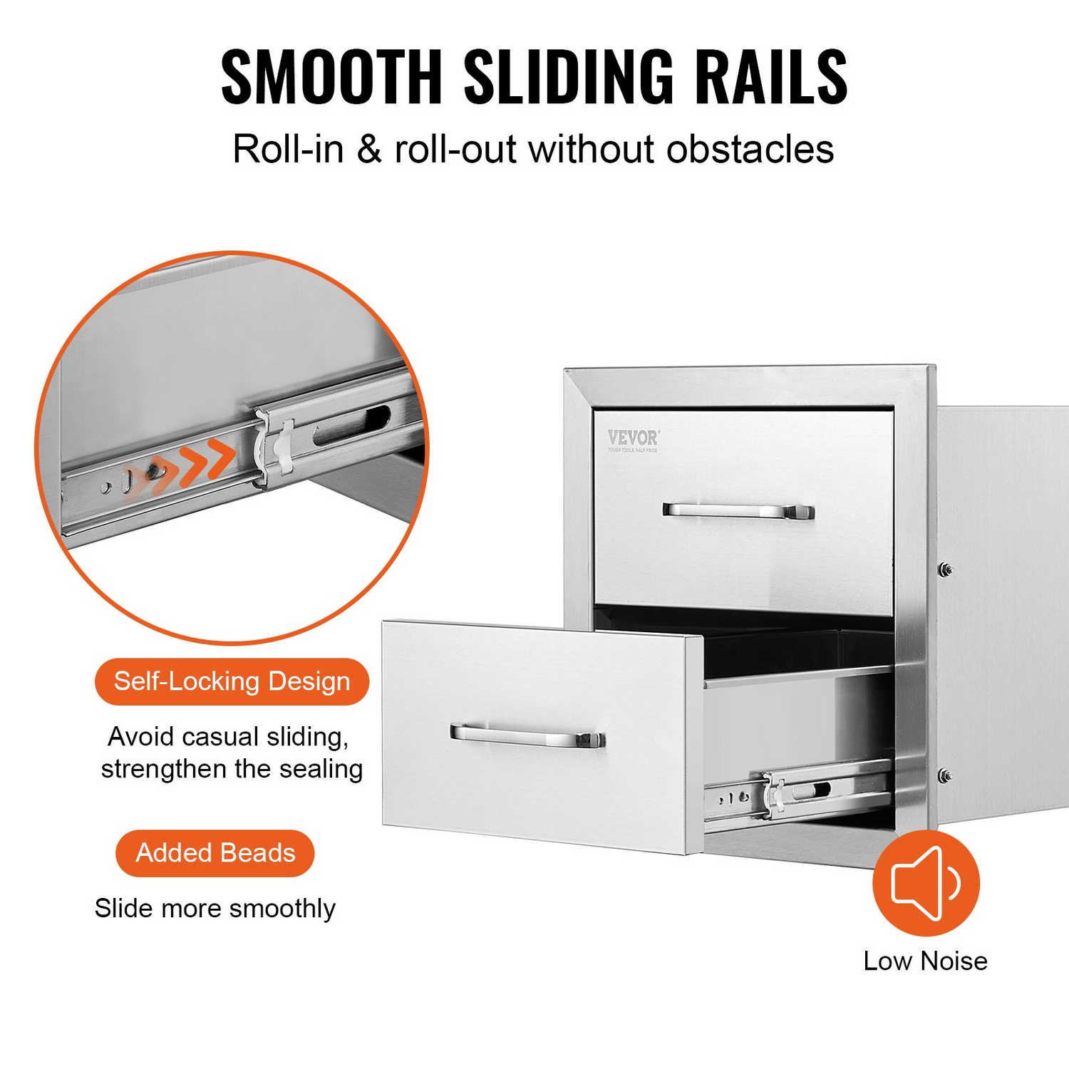 Start2Finish VEVOR outdoor kitchen double stainless steel drawers with handles, designed for BBQ islands or outdoor grill stations.