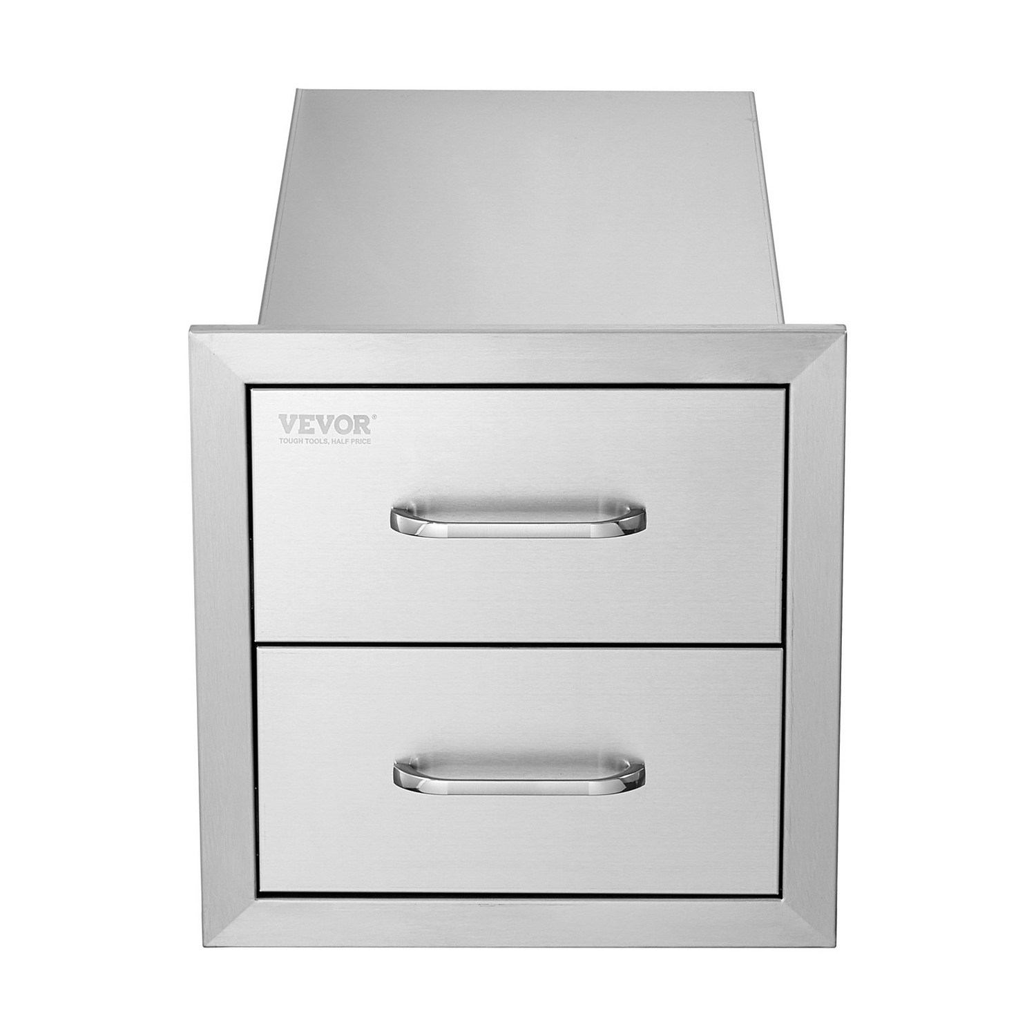 Start2Finish VEVOR outdoor kitchen double stainless steel drawers with handles, flush mount for BBQ island or grill station.