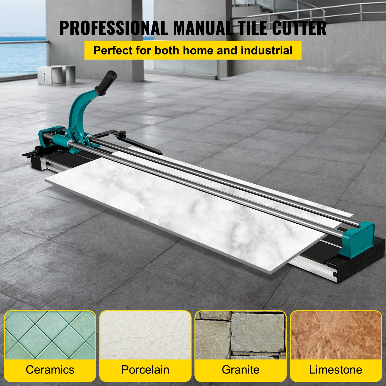 Start2Finish VEVOR manual tile cutter with 48-inch cutting length and laser guide for ceramic tiles, ideal for precise tile cutting.