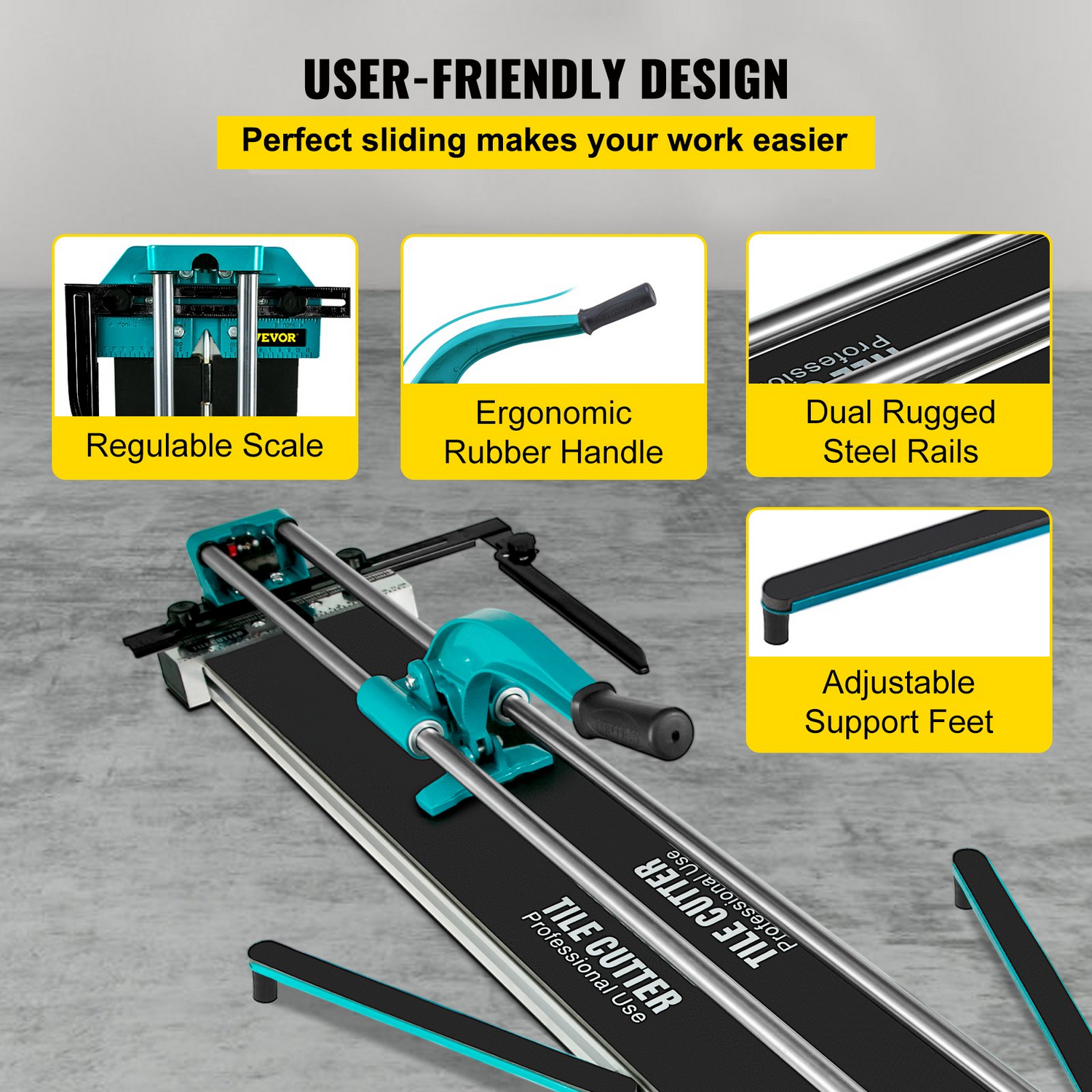 Start2Finish VEVOR manual tile cutter with 48-inch cutting length and laser guide for precise ceramic tile cuts.