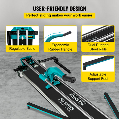 Start2Finish VEVOR manual tile cutter with 48-inch cutting length and laser guide for precise ceramic tile cuts.