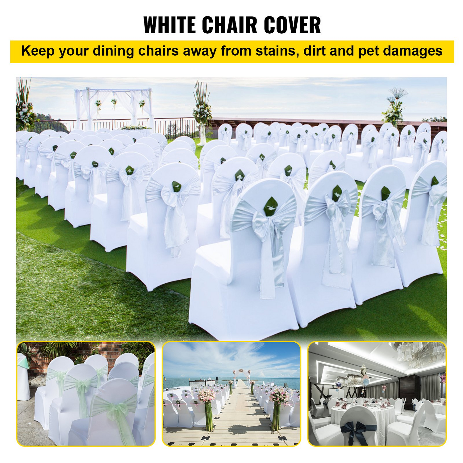 Set of white VEVOR Stretch Spandex folding chair covers, universal fit, washable, for weddings, parties, and events.
