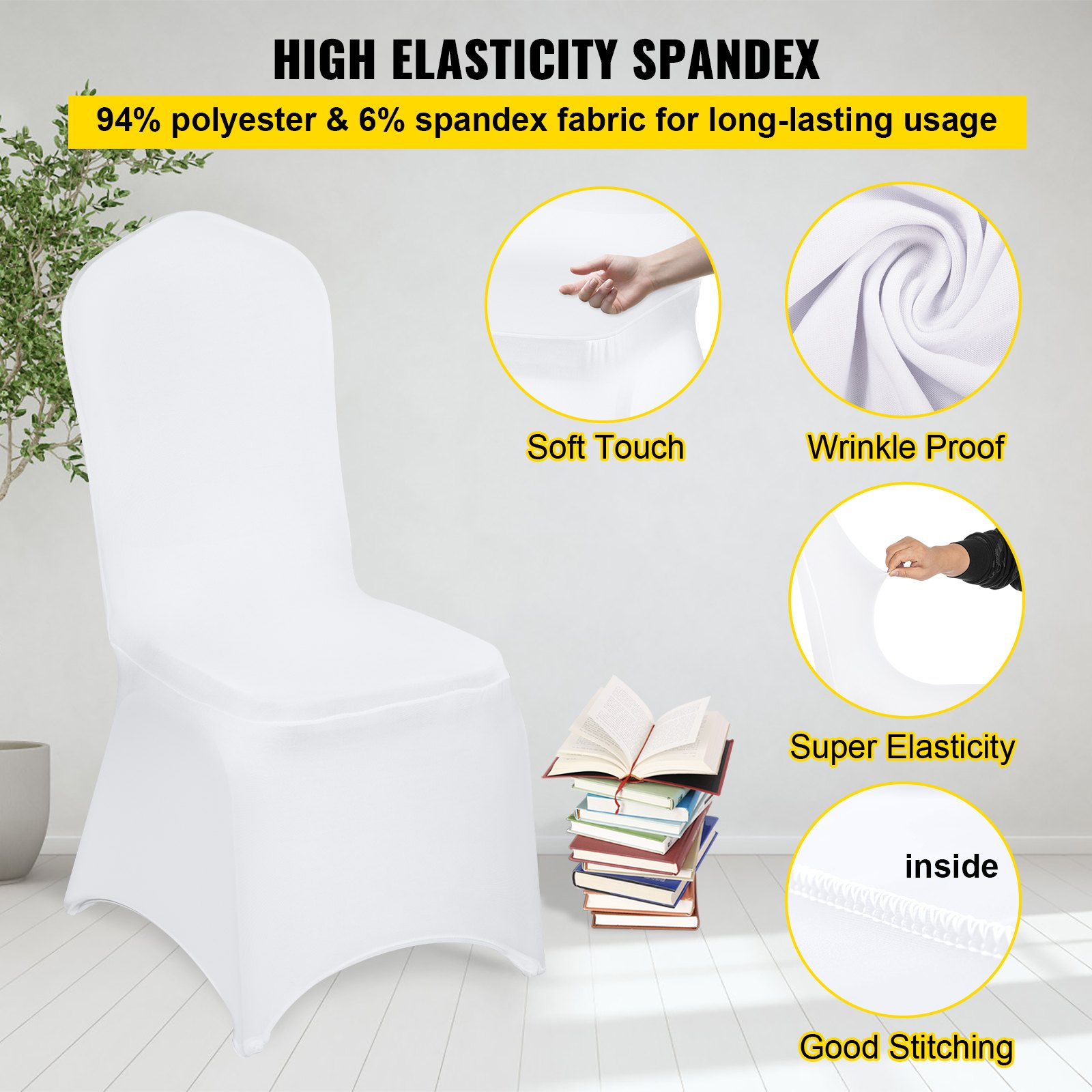 White VEVOR stretch spandex folding chair covers by Start2Finish, universal fitted protective slipcovers for events and celebrations.