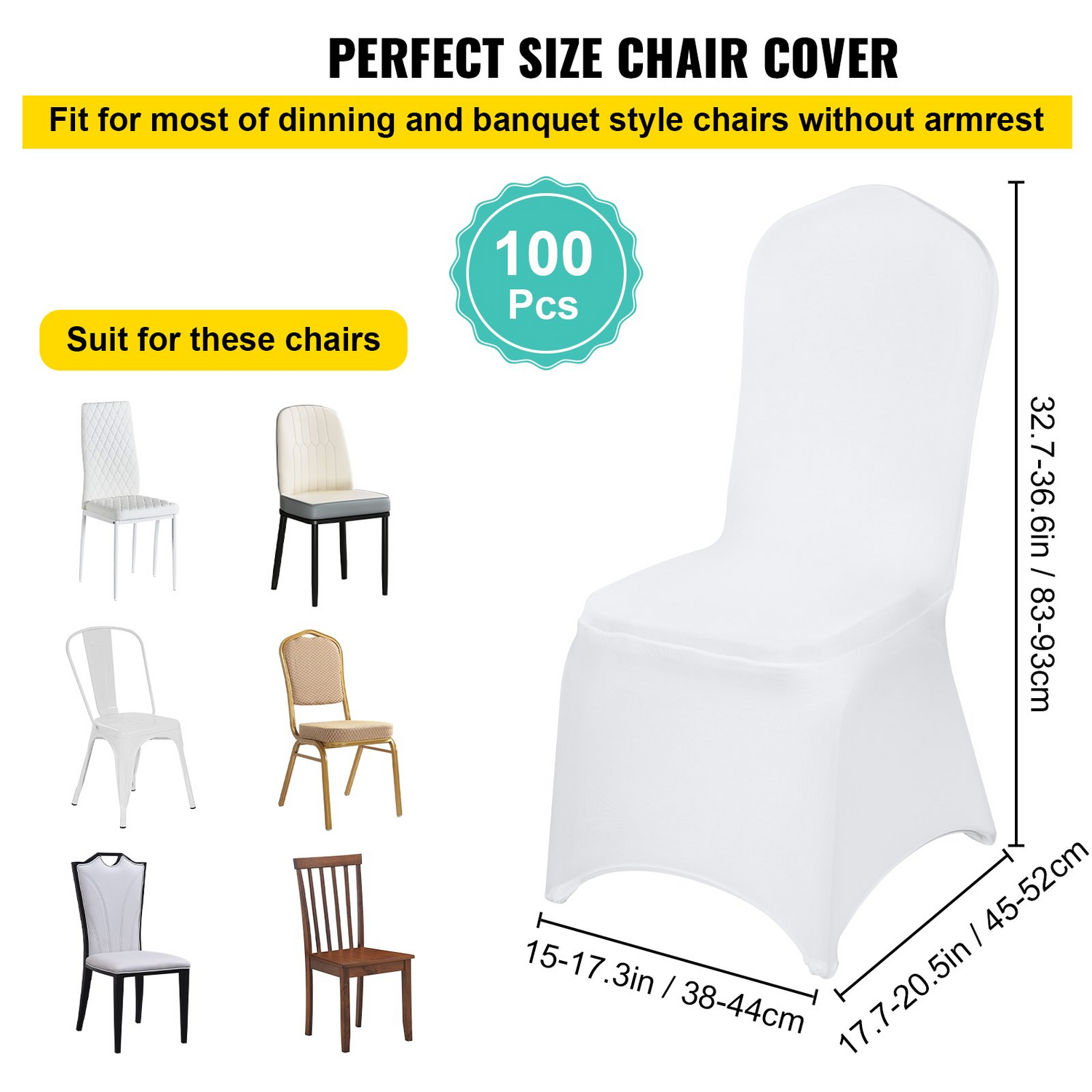 Set of white VEVOR stretch spandex folding chair covers, fitted, washable protective slipcovers for events and celebrations.