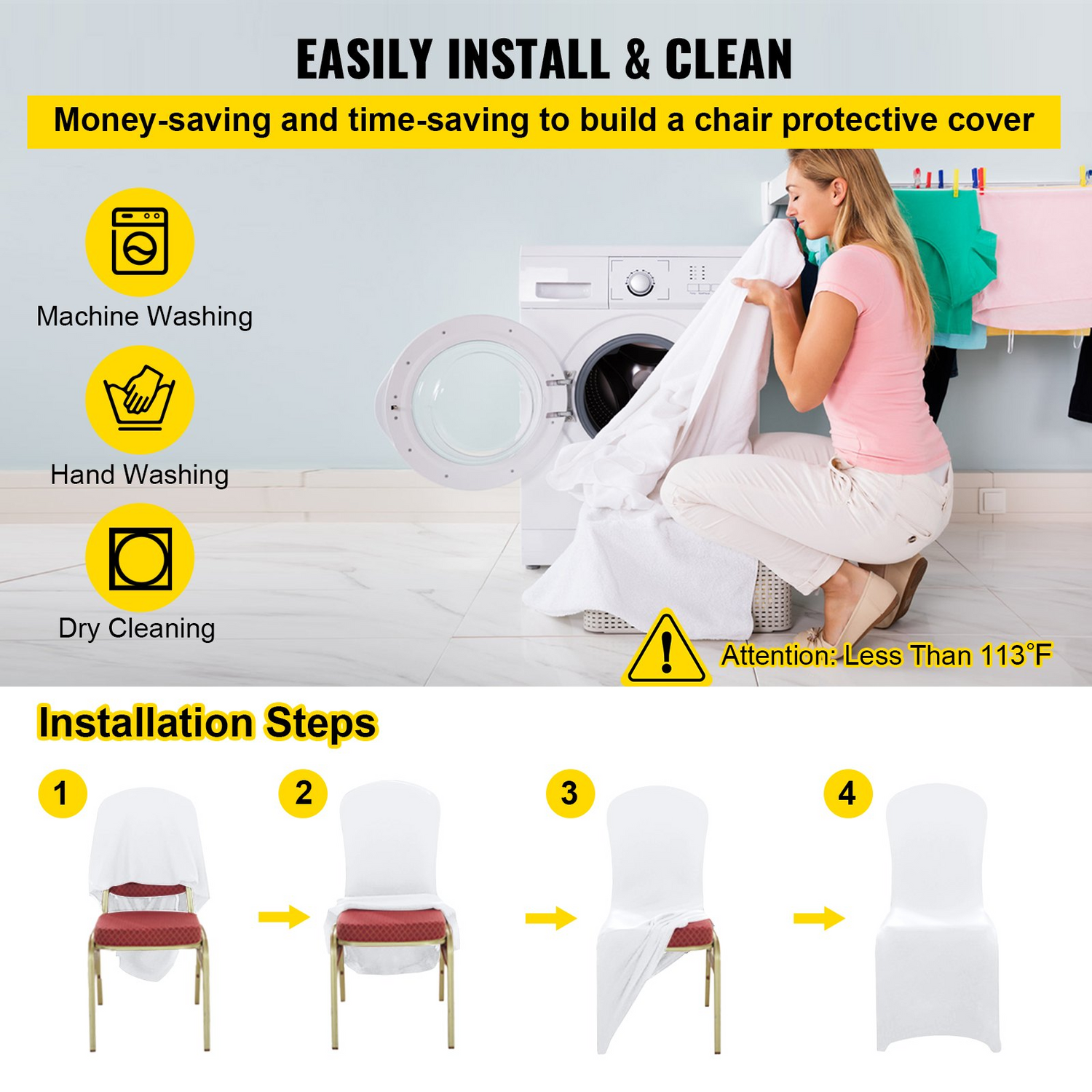 White VEVOR stretchy spandex folding chair covers, universal fitted, washable protective slipcovers for events and celebrations.