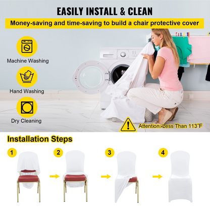 White VEVOR stretchy spandex folding chair covers, universal fitted, washable protective slipcovers for events and celebrations.