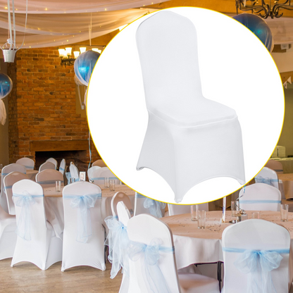 White VEVOR Stretch Spandex folding chair covers by Start2Finish, fitted, washable, for weddings, parties, and events.