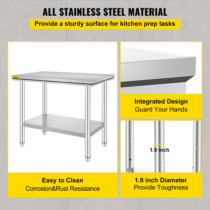 Start2Finish stainless steel prep table with adjustable height levels, commercial work surface for kitchen, garage, or restaurant use.