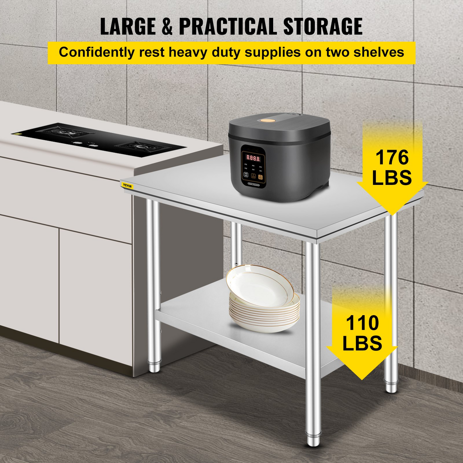 Start2Finish stainless steel prep table with 3 adjustable height levels, 900x600mm, durable commercial kitchen or garage work surface.
