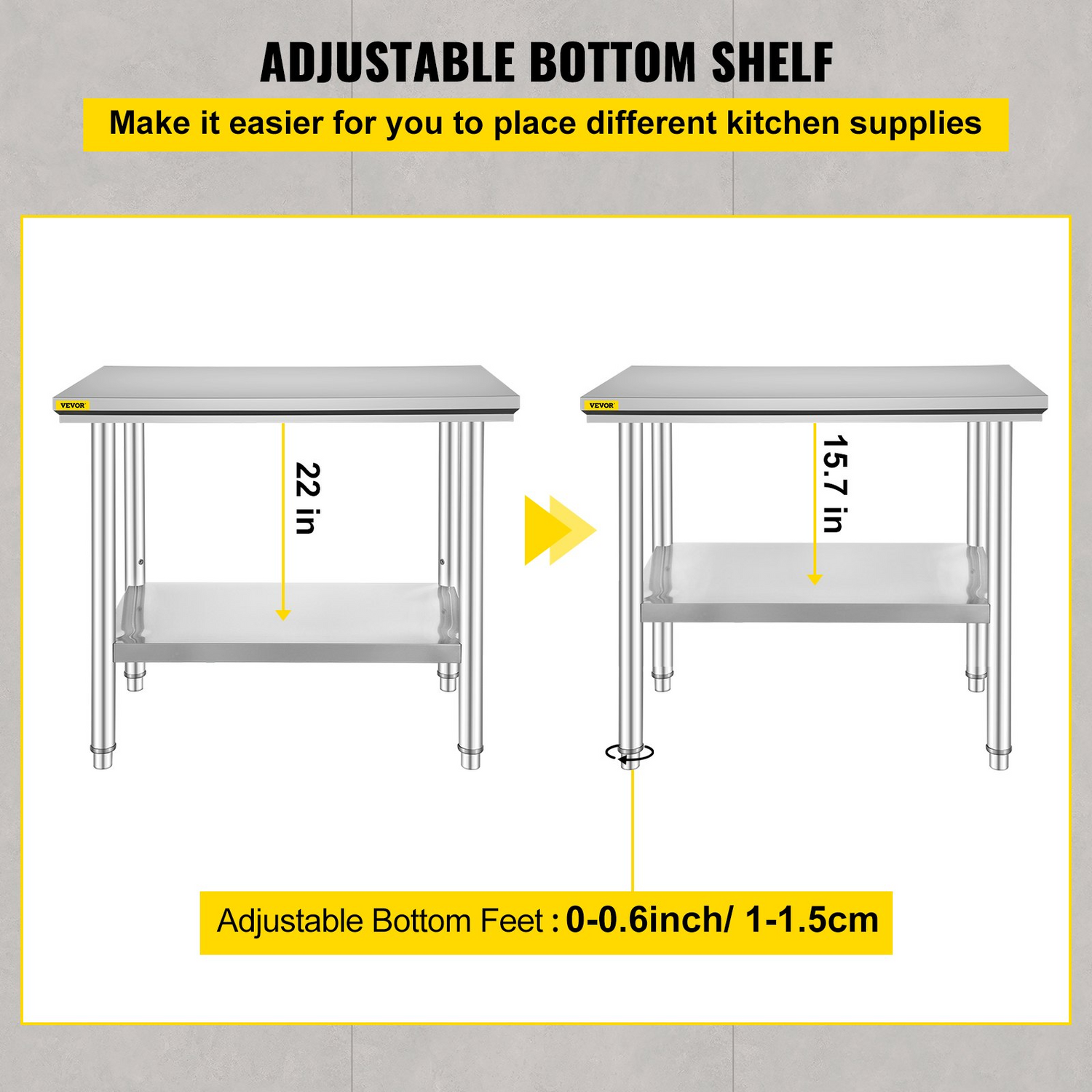 Start2Finish stainless steel prep table with three adjustable height levels, 900x600 mm work surface, heavy-duty kitchen workstation