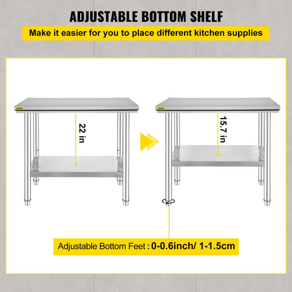 Start2Finish stainless steel prep table with three adjustable height levels, 900x600 mm work surface, heavy-duty kitchen workstation