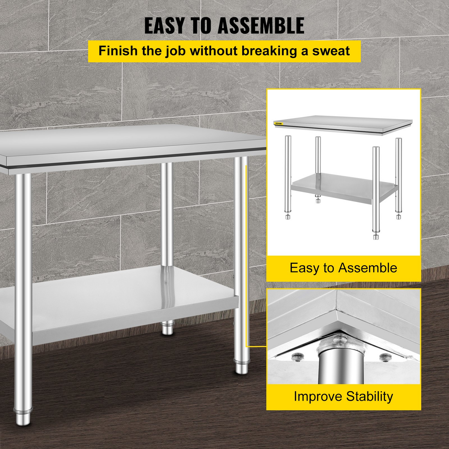 Start2Finish stainless steel prep table with three adjustable height levels, 900x600 mm work surface, and heavy-duty design.