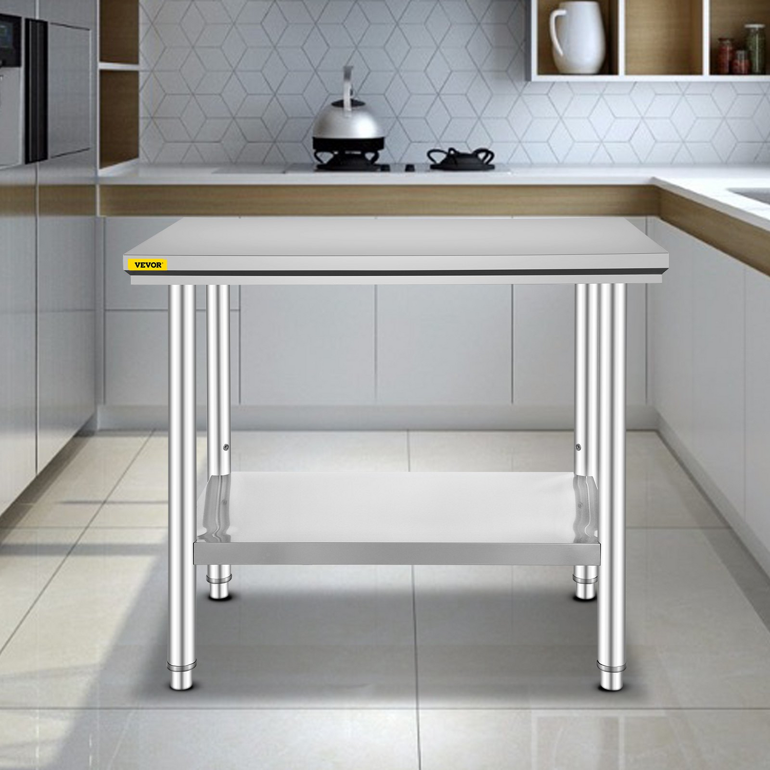 Start2Finish stainless steel prep table with three adjustable height levels, heavy-duty work surface for commercial kitchens or garages.