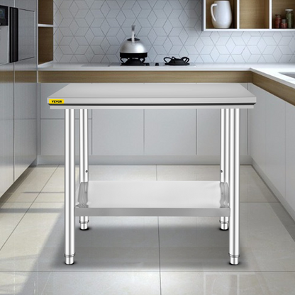 Start2Finish stainless steel prep table with three adjustable height levels, heavy-duty work surface for commercial kitchens or garages.