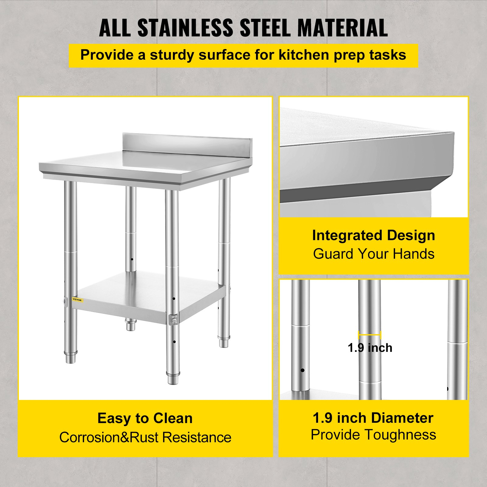 Stainless steel VEVOR 24x24x35 inch commercial work table with adjustable height, heavy-duty metal prep table for kitchen use.
